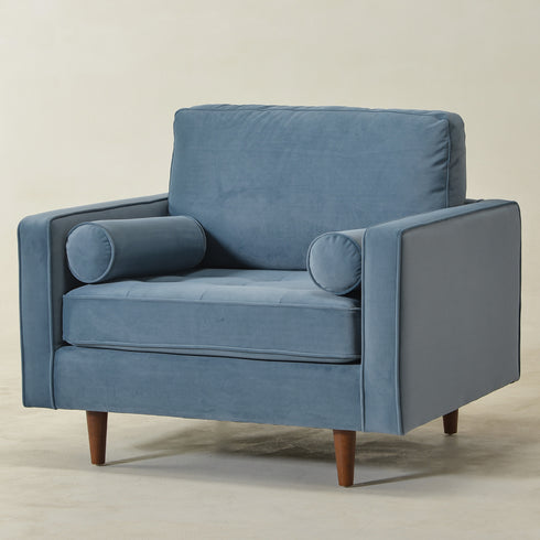 Tiziano Tufted Armchair – Blue Velvet Accent Chair with Pillows | Mid-Century Lounge Chair | Kinwell Furniture