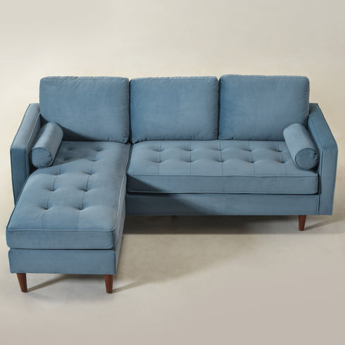 Tiziano Tufted 2-Piece Sectional Sofa – Blue Velvet Reversible Chaise Couch with Accent Pillows | Mid-Century Modern L-Shaped Sofa | Kinwell Furniture