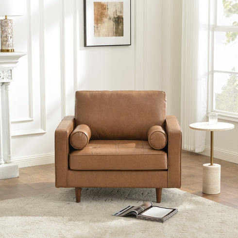 Tiziano Tufted Armchair – Camel Faux Leather Accent Chair with Pillows | Mid-Century Lounge Chair | Kinwell Furniture