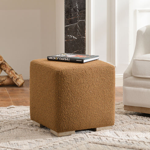 Bouclé Square Ottoman – Brown Modern Footstool | Small Upholstered Ottomans | Kinwell Furniture | Minimalist Cube Poufs