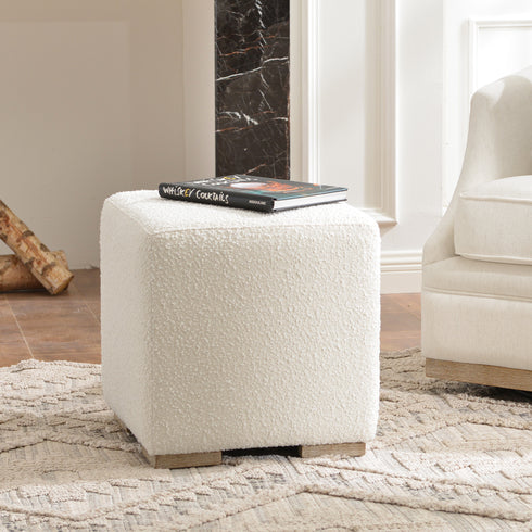 Bouclé Square Ottoman – White Modern Footstool | Small Upholstered Ottomans | Kinwell Furniture | Minimalist Cube Poufs