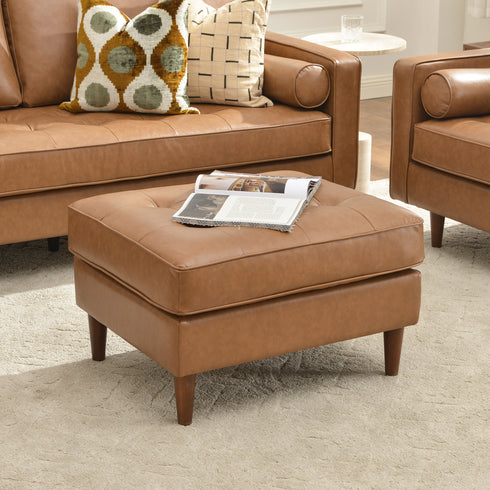 Tiziano Tufted Ottoman – Faux Leather Rectangular Footrest & Accent Seat | Mid-Century Upholstered Pouf | Camel Ottoman