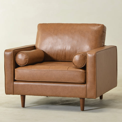 Tiziano Tufted Armchair – Camel Faux Leather Accent Chair with Pillows | Mid-Century Lounge Chair | Kinwell Furniture