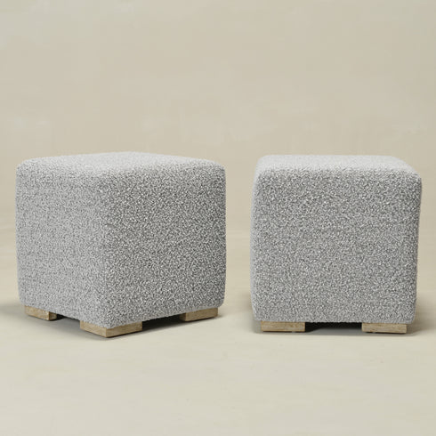 Bouclé Square Ottoman – BlackWhite Modern Footstool | Small Upholstered Ottomans | Kinwell Furniture | Minimalist Cube Poufs