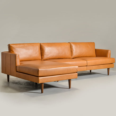 Samuel Tapered Arm Two-Piece Sectional – Leather Camel Chaise Sectional Sofa | 3-Seater Couch | Kinwell Furniture | Mid-Century Modern Design
