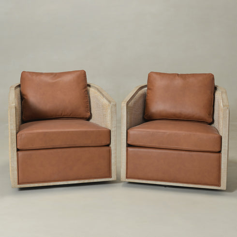 Claude Premium Leather Swivel Cane Chair - Brown Modern Swivel Chair | Swivel Accent Chairs | Kinwell Furniture | Swivel Armchairs