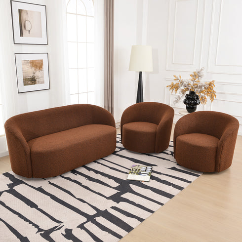 Everitte Bouclé Loveseat Sofa & Swivel Barrel Chair Set | Modern Fabric Loveseat Couch & Accent Swivel Chair | Kinwell Furniture | Comfortable Loveseat Sofa & Swivel Armchair Combo | Modern Living Room Furniture Set