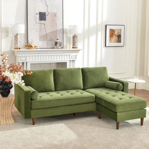 Tiziano Tufted 2-Piece Sectional Sofa – Green Velvet Reversible Chaise Couch with Accent Pillows | Mid-Century Modern L-Shaped Sofa | Kinwell Furniture