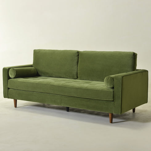 Tiziano Tufted 3-Seater Sofa – Green Velvet Couch with Accent Pillows | Mid-Century Modern Sofa | Kinwell Furniture