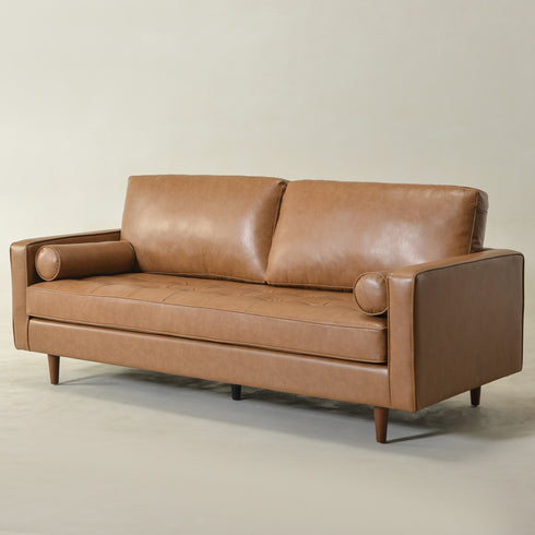 Tiziano Tufted 3-Seater Sofa – Camel Faux Leather Couch with Accent Pillows | Mid-Century Modern Sofa | Kinwell Furniture