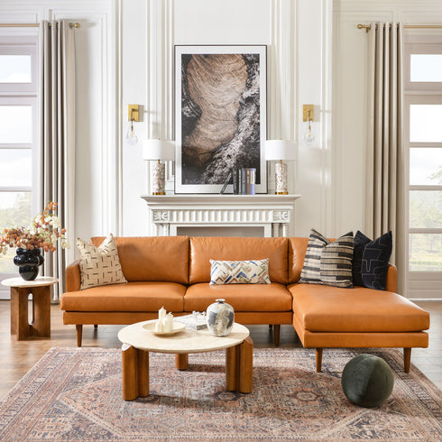 Samuel Tapered Arm Two-Piece Sectional – Leather Camel Chaise Sectional Sofa | 3-Seater Couch | Kinwell Furniture | Mid-Century Modern Design