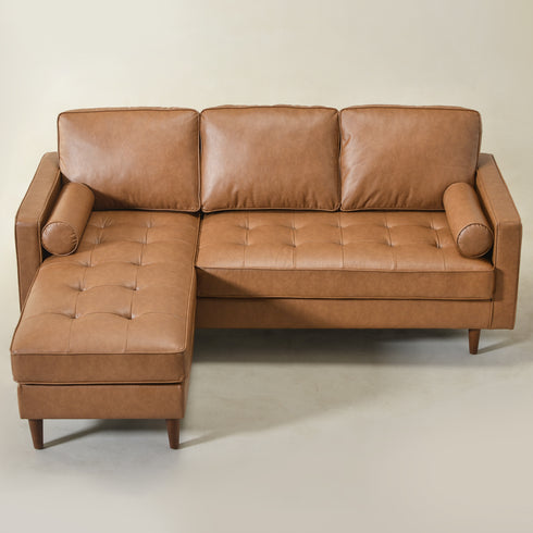 Tiziano Tufted 2-Piece Sectional Sofa – Camel Faux Leather Reversible Chaise Couch with Accent Pillows | Mid-Century Modern L-Shaped Sofa | Kinwell Furniture