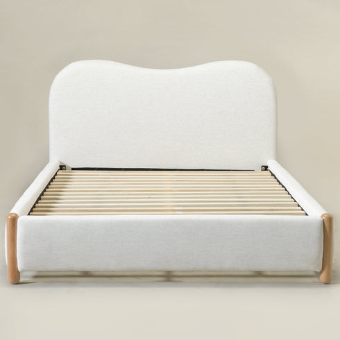Dorothy Linen Platform Bed with Headboard – White Modern Upholstered Double Bed Frame | Platform Beds | Kinwell Furniture | Bedroom Bed Frame
