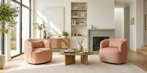 Ashlie Linen Swivel Barrel Chair - Coral Modern Swivel Chair | Swivel Accent Chairs | Kinwell Furniture | Swivel Armchairs