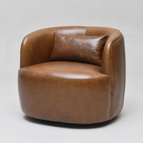 Ashlie Leather Swivel Barrel Chair - Brown Modern Swivel Chair | Swivel Accent Chairs | Kinwell Furniture | Swivel Armchairs
