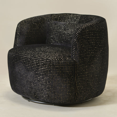 Ashlie Sculpted Jacquard Swivel Barrel Chair - Black & Gold Jacquard Swivel Chair | Sculpted Barrel Accent Chair | Modern Swivel Accent Chair | Upholstered Swivel Armchair | Kinwell Furniture | 360 Degree Swivel Barrel Chair | Embossed Jacquard Accent Chair | Living Room Accent Chairs | Luxury Statement Chair