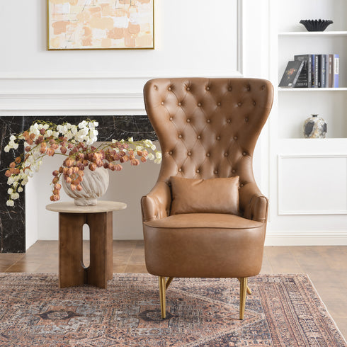 Letitia Faux Leather Wingback Chair - Camel Accent Chair | Decorative Faux Leather Chairs | Kinwell Furniture | Modern Wingback Accent Chairs