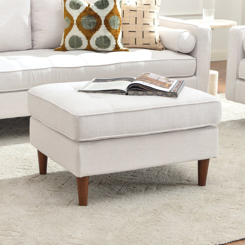 Tiziano Tufted Ottoman – Linen Rectangular Footrest & Accent Seat | Mid-Century Upholstered Pouf | Ivory Ottoman