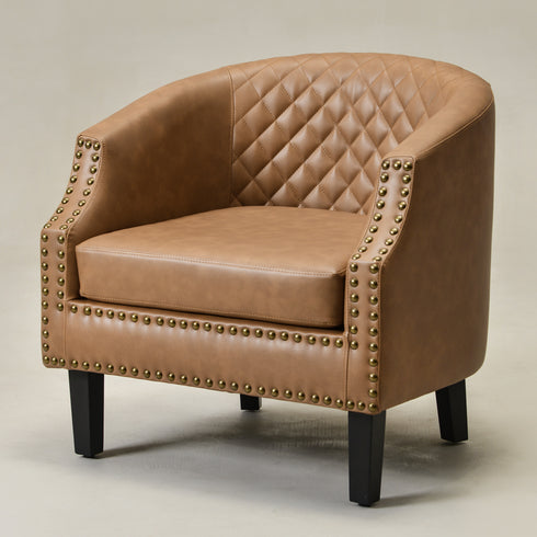 Louis Faux Leather Tufted Club Chair - Camel Accent Chair | Decorative Accent Chairs | Kinwell Furniture | Modern Club Chairs | Barrel Club Chair | Nailhead Trim Chair | Contemporary Faux Leather Chair | Elegant Camel Chair