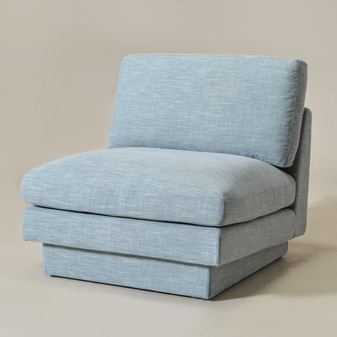 Linen Blend Down Feather Upholstered Accent Chair – Blue Modern Armless Slipper Chair | Soft Linen Blend Lounge Chair with Removable Cushions | Kinwell Furniture | Oversized Accent Chair