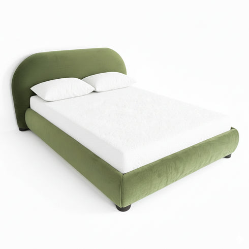 Harriet Velvet Bed Frame with Headboard – Olive Green Upholstered Platform Bed | King Size | Kinwell Furniture