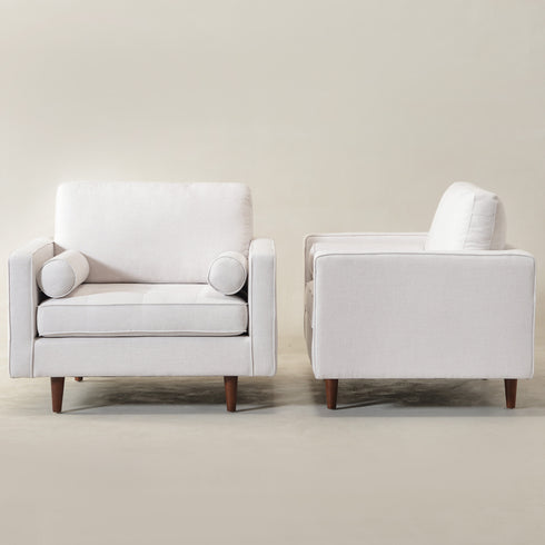 Tiziano Tufted Armchair – Ivory Linen Accent Chair with Pillows | Mid-Century Lounge Chair | Kinwell Furniture