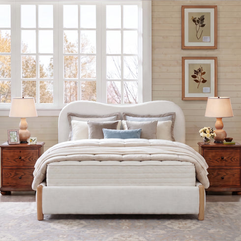 Dorothy Linen Platform Bed with Headboard – White Modern Upholstered Queen Bed Frame | Platform Beds | Kinwell Furniture | Bedroom Bed Frame