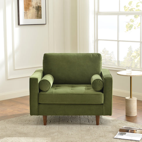 Tiziano Tufted Armchair – Green Velvet Accent Chair with Pillows | Mid-Century Lounge Chair | Kinwell Furniture