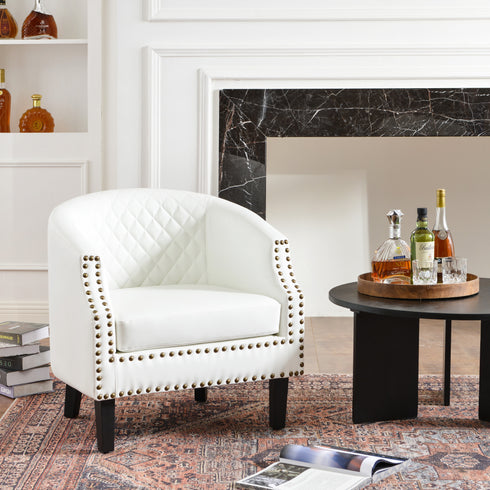 Louis Faux Leather Tufted Club Chair - White Accent Chair | Decorative Accent Chairs | Kinwell Furniture | Modern Club Chairs | Barrel Club Chair | Nailhead Trim Chair | Contemporary Faux Leather Chair | Elegant White Chair