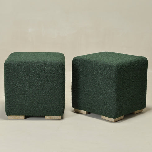 Bouclé Square Ottoman – Green Modern Footstool | Small Upholstered Ottomans | Kinwell Furniture | Minimalist Cube Poufs