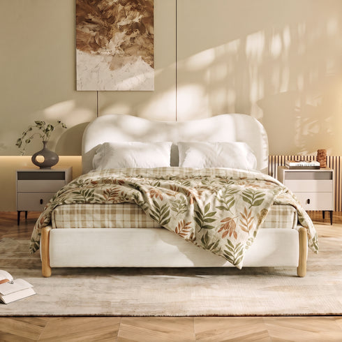 Dorothy Linen Platform Bed with Headboard – White Modern Upholstered Queen Bed Frame | Platform Beds | Kinwell Furniture | Bedroom Bed Frame
