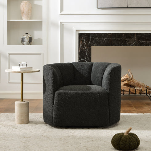 Wilton Bouclé Swivel Barrel Chair - Black Petal Back Modern Swivel Chair | Swivel Accent Chairs | Kinwell Furniture | Swivel Armchairs