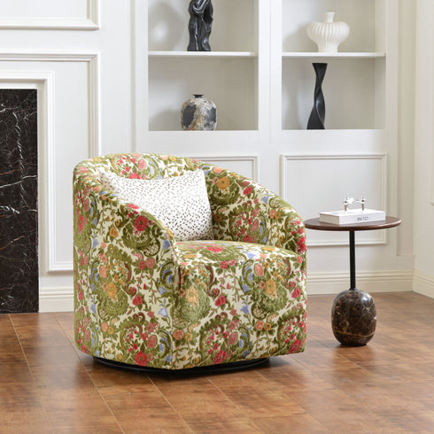 Susie Botanical Jacquard Swivel Barrel Chair - Botanical Jacquard Accent Chair | Modern Swivel Accent Chair | Upholstered Swivel Armchair | Kinwell Furniture | 360 Degree Swivel Barrel Chair | Floral Jacquard Armchair | Living Room Accent Chairs | Luxury Statement Chair