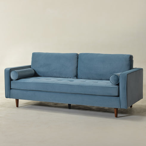 Tiziano Tufted 3-Seater Sofa – Blue Velvet Couch with Accent Pillows | Mid-Century Modern Sofa | Kinwell Furniture