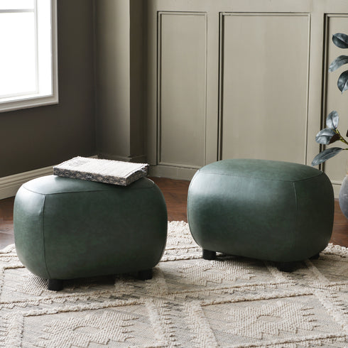 Elmer Faux Leather Ottoman – Round Green Ottoman | Decorative Ottoman | Kinwell Furniture | Modern Faux Leather Furniture