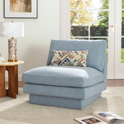 Linen Blend Down Feather Upholstered Accent Chair – Blue Modern Armless Slipper Chair | Soft Linen Blend Lounge Chair with Removable Cushions | Kinwell Furniture | Oversized Accent Chair