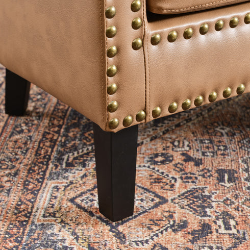 Louis Faux Leather Tufted Club Chair - Camel Accent Chair | Decorative Accent Chairs | Kinwell Furniture | Modern Club Chairs | Barrel Club Chair | Nailhead Trim Chair | Contemporary Faux Leather Chair | Elegant Camel Chair