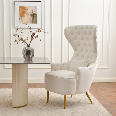 Letitia Velvet Wingback Accent Chair - Cream MCM Accent Chair | Accent Side Chairs | Kinwell Furniture | Leather Accent Chairs & Barrel Accent Chairs
