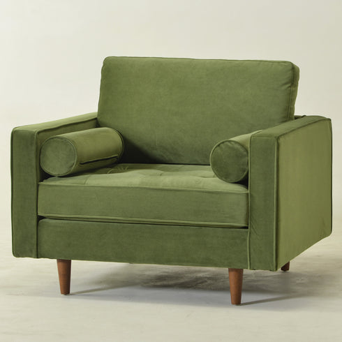 Tiziano Tufted Armchair – Green Velvet Accent Chair with Pillows | Mid-Century Lounge Chair | Kinwell Furniture