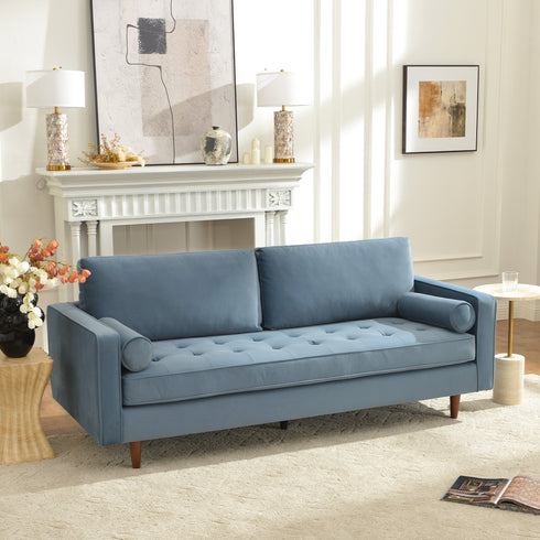 Tiziano Tufted 3-Seater Sofa – Blue Velvet Couch with Accent Pillows | Mid-Century Modern Sofa | Kinwell Furniture