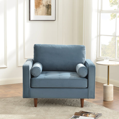 Tiziano Tufted Armchair – Blue Velvet Accent Chair with Pillows | Mid-Century Lounge Chair | Kinwell Furniture