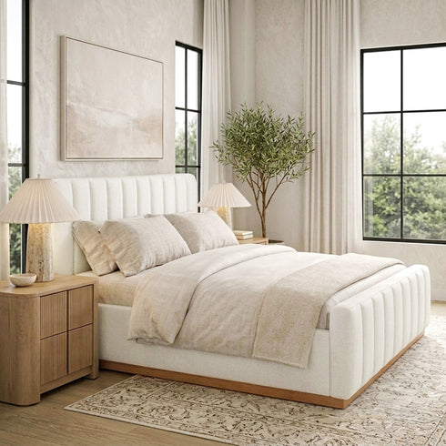 Agnes Linen Platform Bed - Beige / Gray Upholstered Bed | Queen & King Platform Beds | Kinwell Furniture | Modern Linen Bed Frames
