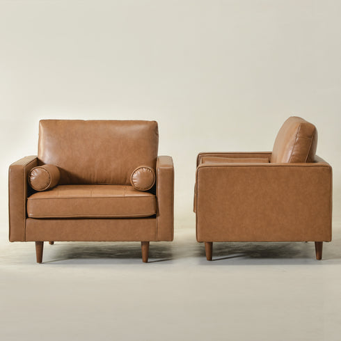 Tiziano Tufted Armchair – Camel Faux Leather Accent Chair with Pillows | Mid-Century Lounge Chair | Kinwell Furniture