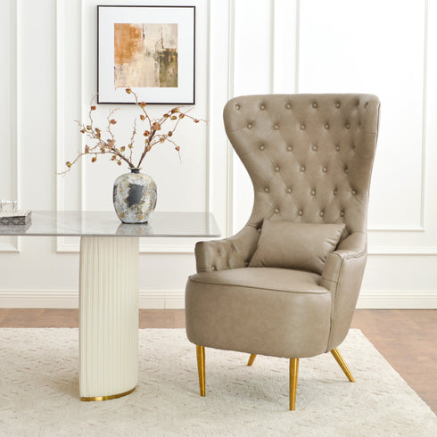 Letitia Faux Leather Wingback Chair - Khaki Accent Chair | Decorative Faux Leather Chairs | Kinwell Furniture | Modern Wingback Accent Chairs