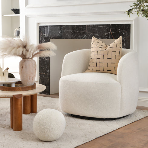 Ashlie Bouclé Swivel Barrel Chair - Stylish Swivel Chair | Living Room Swivel Accent Chairs | Kinwell Furniture | Most Comfortable Swivel Chairs