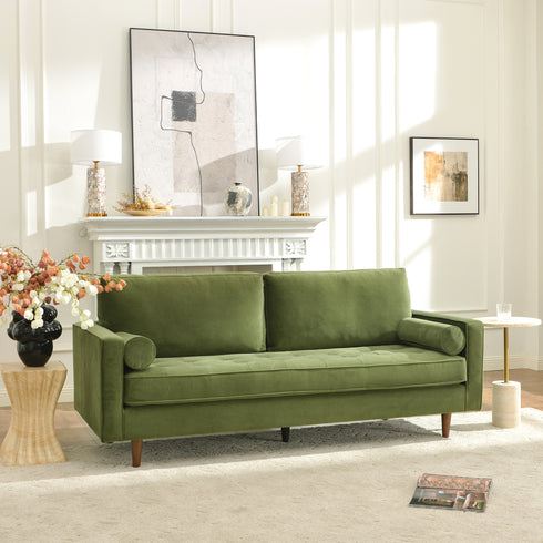 Tiziano Tufted 3-Seater Sofa – Green Velvet Couch with Accent Pillows | Mid-Century Modern Sofa | Kinwell Furniture