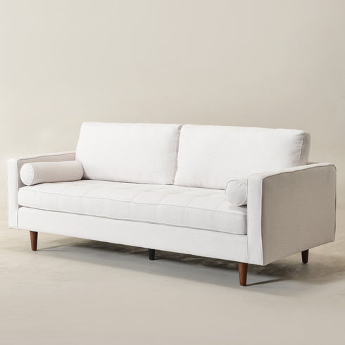 Tiziano Tufted 3-Seater Sofa – Ivory Linen Couch with Accent Pillows | Mid-Century Modern Sofa | Kinwell Furniture