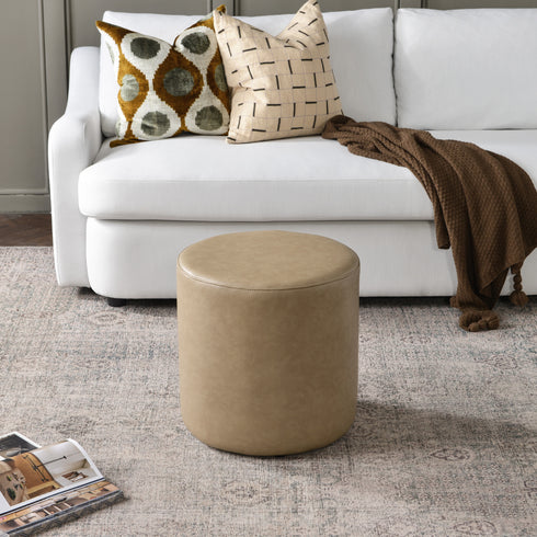 Elof Faux Leather Ottoman - Modern Round Ottoman | Footrest & Accent Stool | Kinwell Furniture | Faux Leather Ottomans