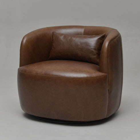 Ashlie Leather Swivel Barrel Chair - Mid Century Modern Swivel Chair | Waiting Room Swivel Chairs| Kinwell Furniture | Designer Swivel Chairs