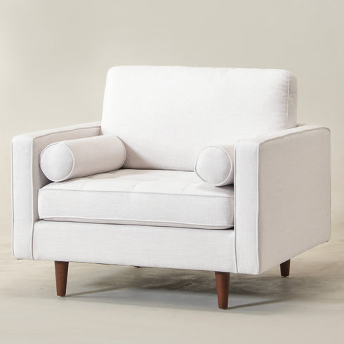 Tiziano Tufted Armchair – Ivory Linen Accent Chair with Pillows | Mid-Century Lounge Chair | Kinwell Furniture